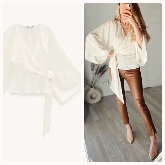 WOOL BLEND TIED SHIRT TOP BLOUSE WRAP - Picture 2 of 9